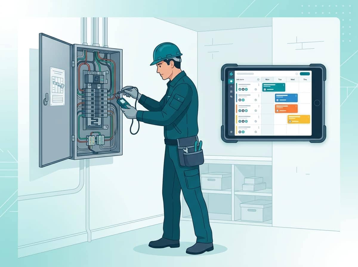 Electrical technician reviewing software options
