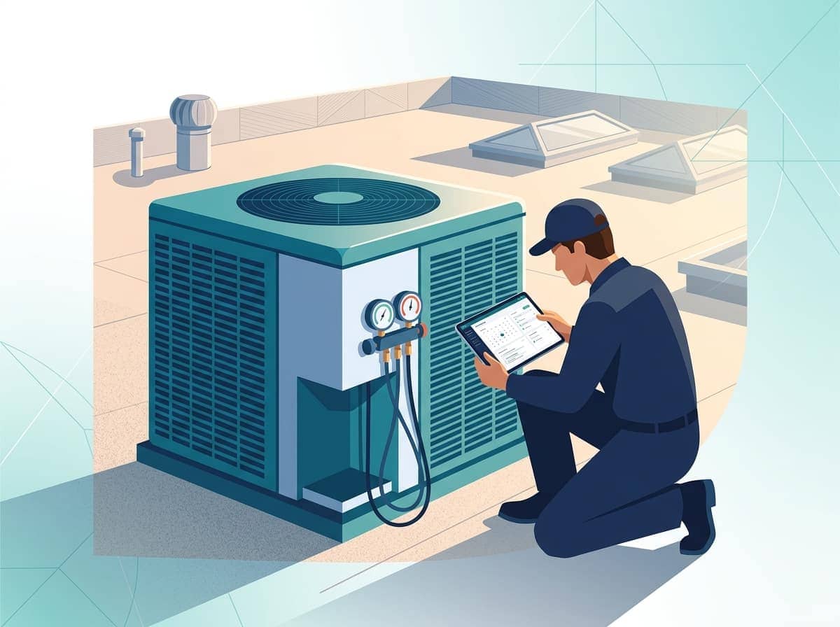 HVAC technician reviewing software options