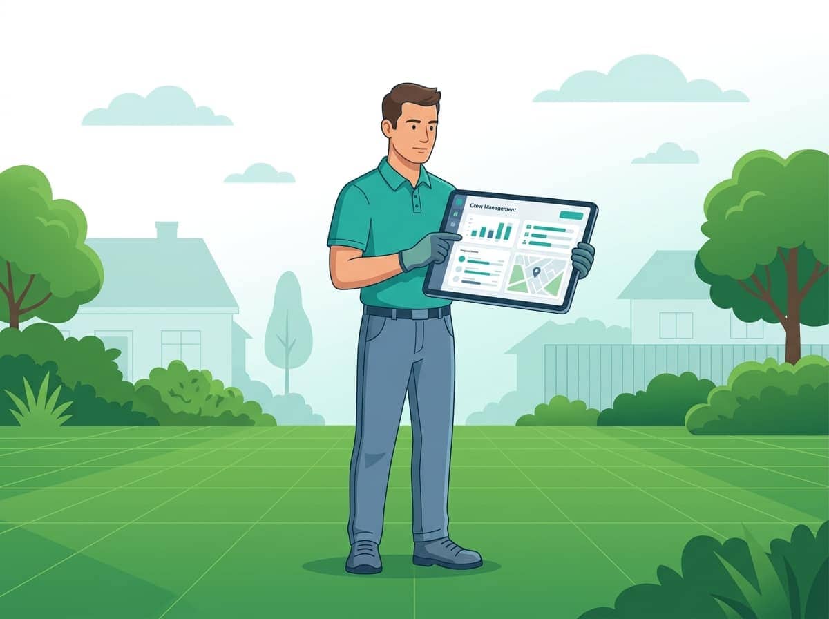Landscaping technician reviewing software options