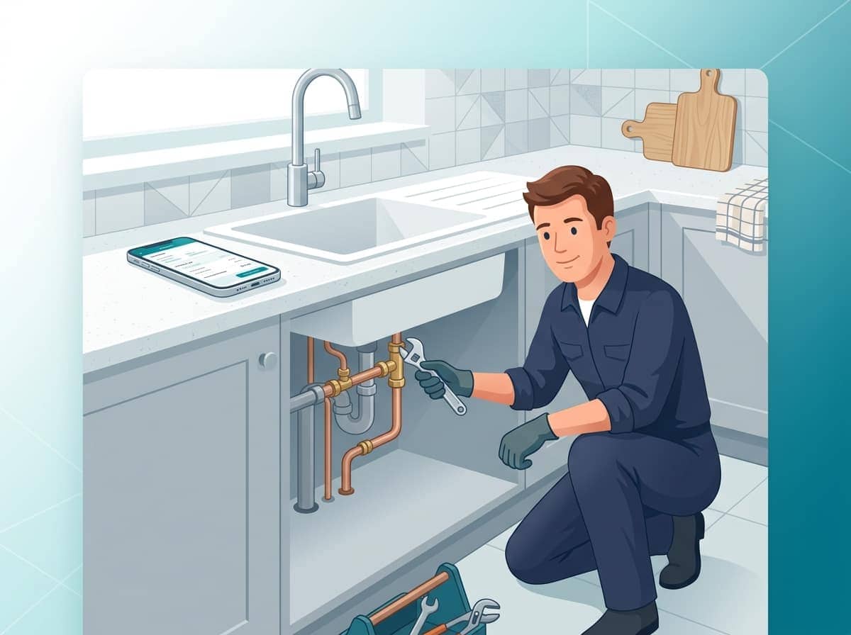 Plumbing technician reviewing software options
